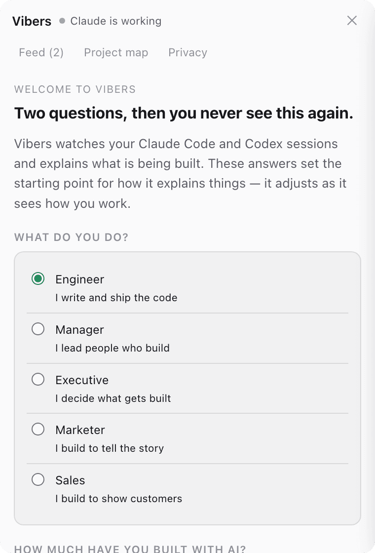 The Vibers first-run screen asking what you do, with options for engineer, manager, executive, marketer and sales.