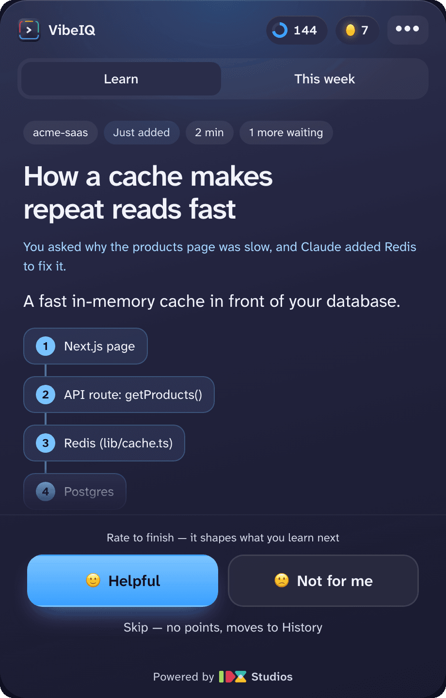 A VibeIQ lesson titled 'How a cache makes repeat reads fast', explaining why Claude added Redis to this project, with a rating prompt at the bottom.
