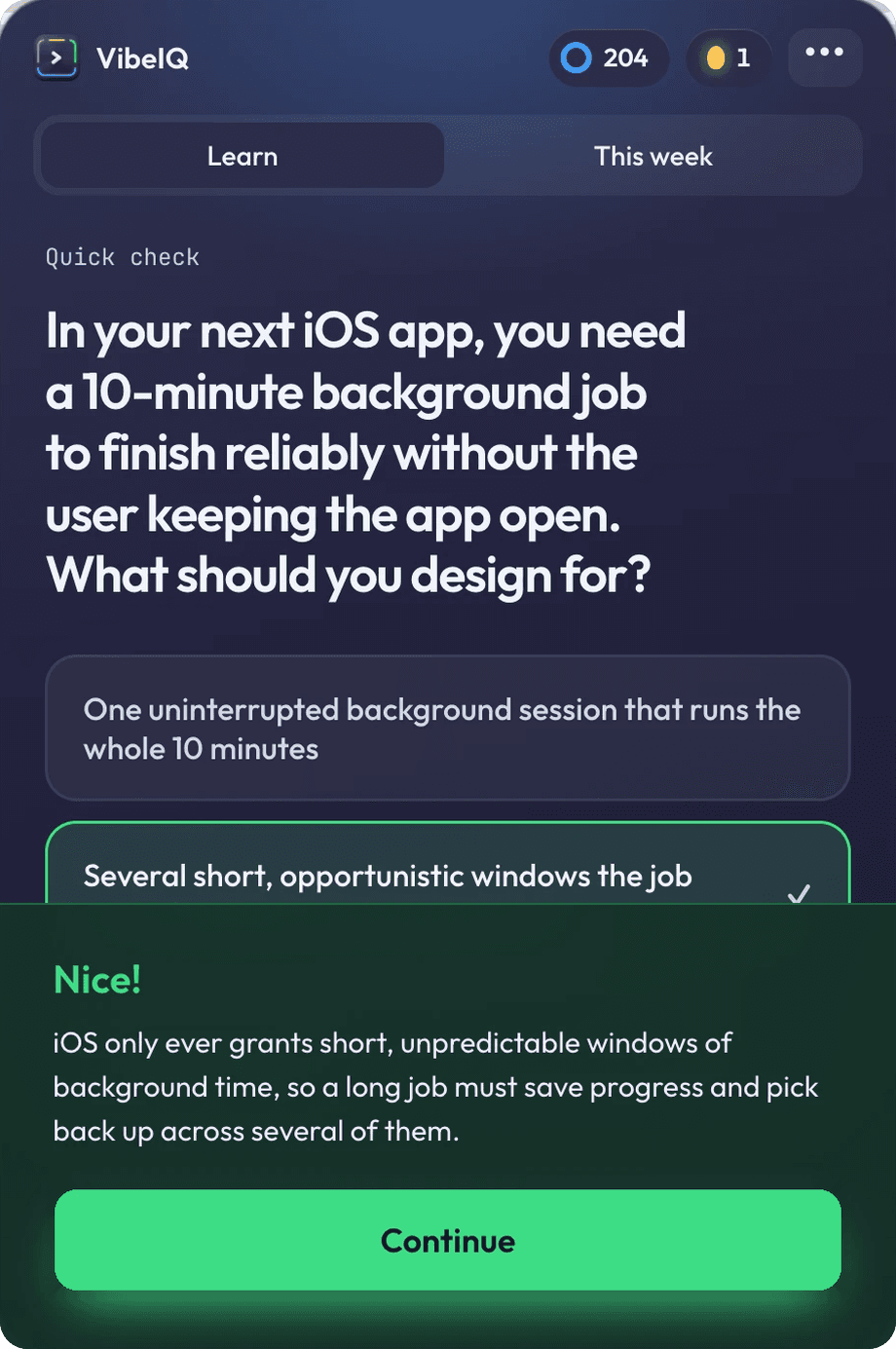 The quick check answered correctly: 'Nice!', with a short explanation of why iOS only grants short background windows, and a Continue button.