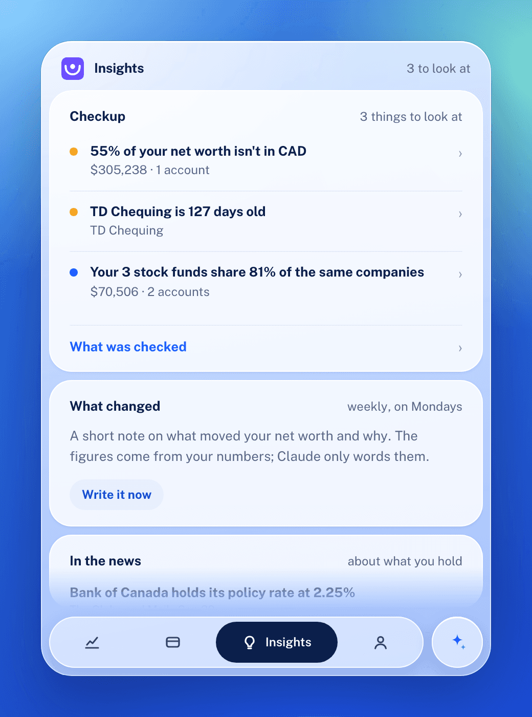 The Netwell Insights tab with three findings: 55% of net worth isn't in Canadian dollars, a chequing statement is 127 days old, and three stock funds share 81% of the same companies.