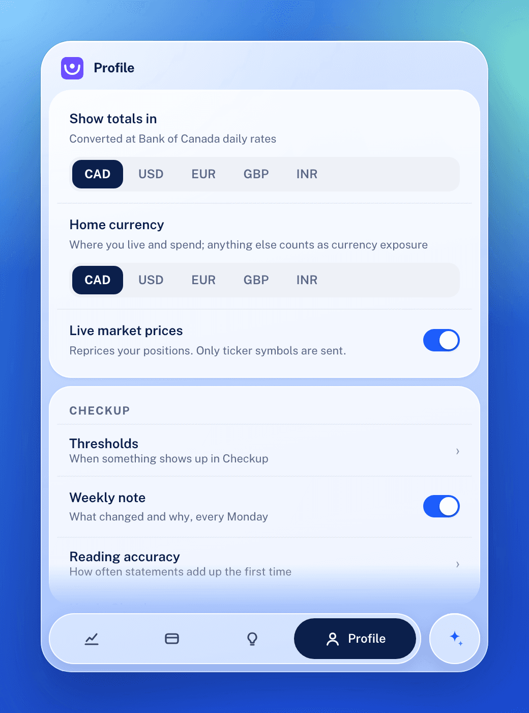 Netwell's Profile screen with the display currency, live prices, the Claude account that reads statements, and app lock.