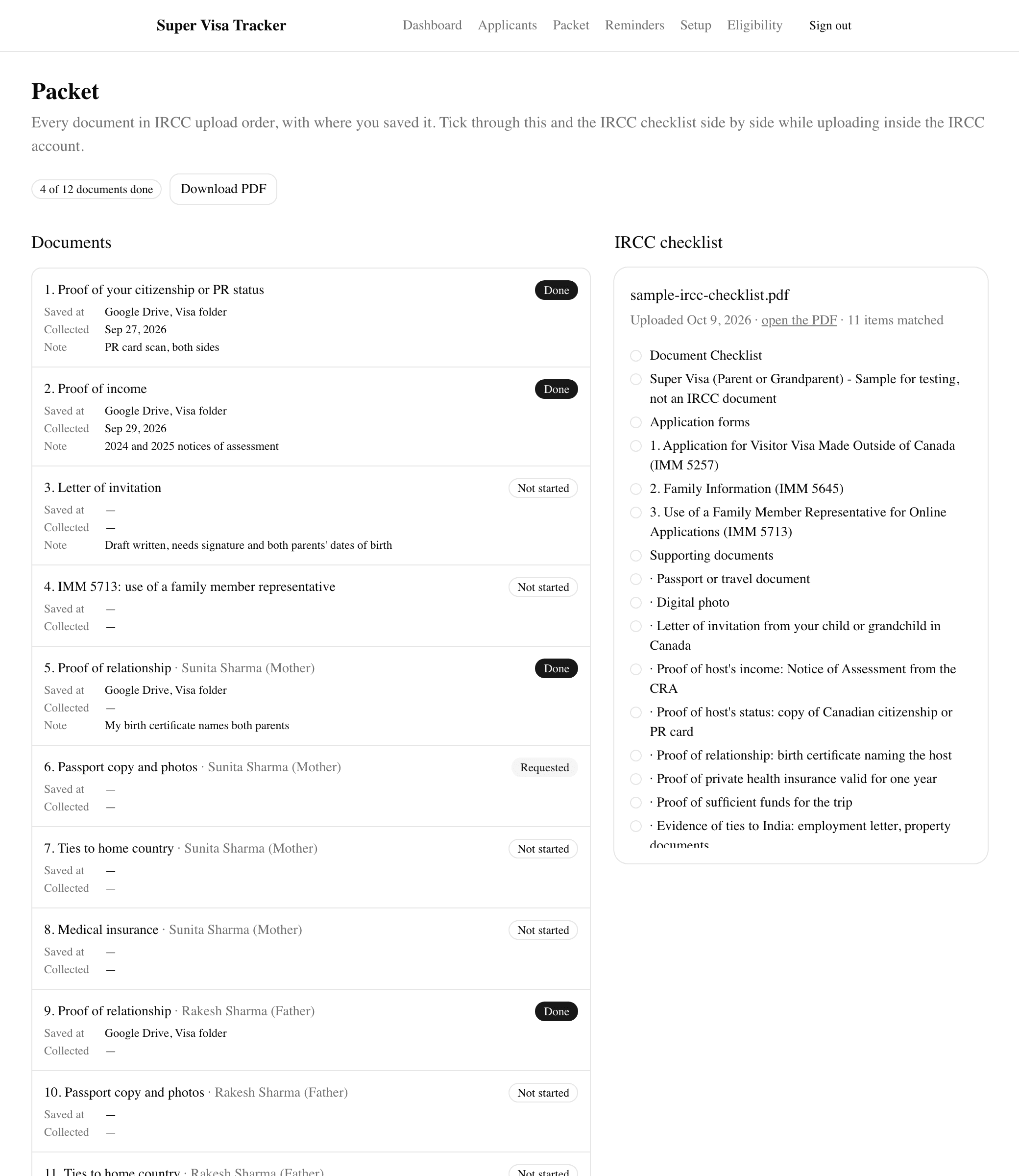The Packet page: 4 of 12 documents done, every document in IRCC upload order with where it is saved, when it was collected and a note, and the uploaded checklist listed alongside with 11 items matched.