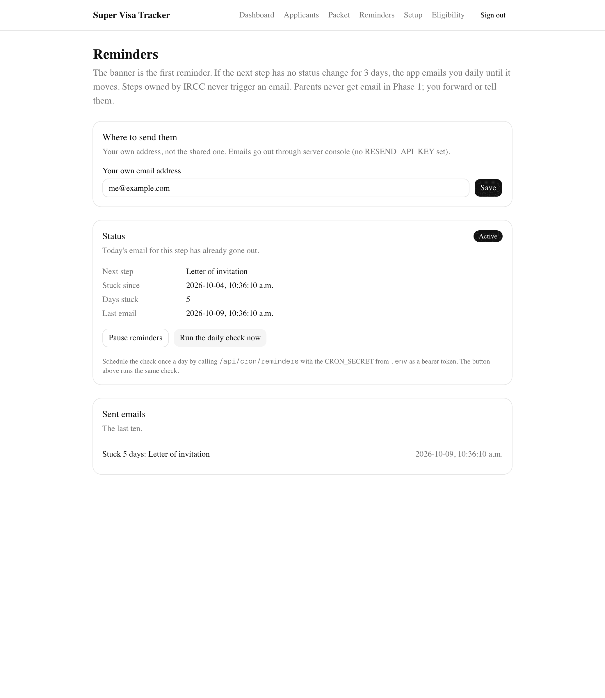 The Reminders page: next step Letter of invitation, stuck 5 days, last email sent today, a Pause reminders button, and one sent email listed as 'Stuck 5 days: Letter of invitation'.